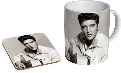 glades Elvis Presley Portrait – Keramik-Kaffeetasse + Untersetzer, Geschenk-Set