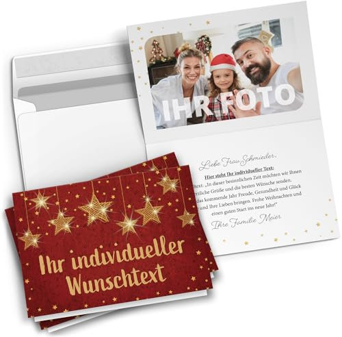 10 Personalisierte Weihnachtskarten mit Ihrem Text und Foto - klassisch rot - individueller Weihnachtsgruß edel Grußkarte Weihnachten Klappkarten mit Umschlägen