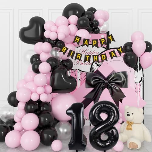 Palloncini 18 Anni Compleanno Nero Rosa, Decorazioni Compleanno 18 Anni Ragazza con Striscione Buon Compleanno, Nero Rosa Palloncini Compleanno 18 Anni per Donna Decorazioni Festa 18 Compleanno