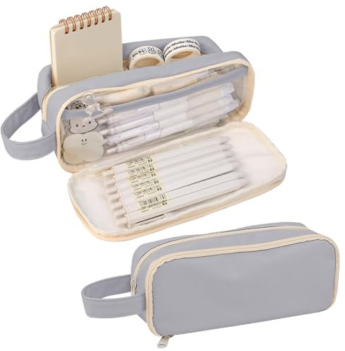 Lvjkes Federpenal, Federmäppchen mit 5 Fächern für Mädchen und Jungen, wasserdicht, ästhetisch, großer Schreibwaren-Organizer für Kinder, Damen, Herren, Teenager, Studenten, Grau, 21 x 7 x 8 cm