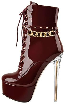 blingqueen Plateau Stiefeletten Damen Stiletto Ankle Boots Punk Kurzstiefel Lack Burgundy 44 EU