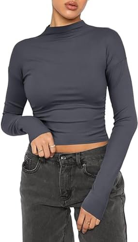 Women's Casual Crop Tops Cotton Slim Fit Top Mock Turtle Long Sleeve T-Shirt Basic Blouse Tee Tops(Gray-g,M)