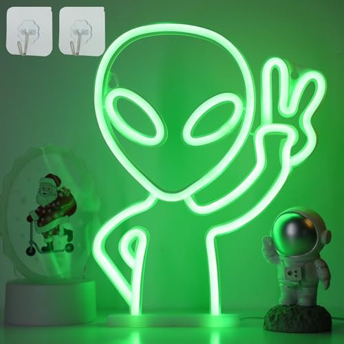WIOSOUL Letrero de neón alienígena verde con luces de neón LED con 2 ganchos, USB, 3 luces de neón alimentadas por AA, luces de neón LED para habitación, bar, hip hop, hogar, fiesta, festival, regalo