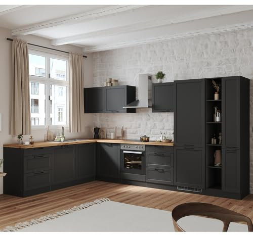 Lomadox Winkelküche Küche Einbauküche Küchenzeile L-Form 360/240 cm mit E-Geräten in grau, Arbeitsplatte in Eiche, inkl. Dunstabzugshaube, Herd, Backofen, Geschirrspüler, Kühlgefrierkombi