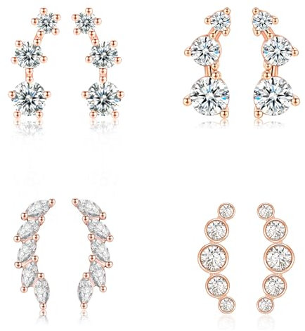 JETBON Sterling Silver Women's Earrings, 4 Pairs Hypoallergenic Cubic Zirconia Rose Gold Plated Flower Climber Earrings Set, Multiple Ear Holes, Birthday Wedding Gift