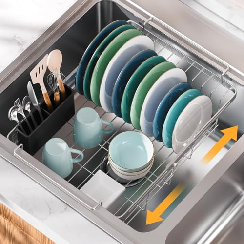 Orgneas Escurridor de platos en el fregadero, capacidad expandible, escurridor de platos de acero inoxidable para fregadero interior, escurridor de platos sobre el fregadero con soporte para