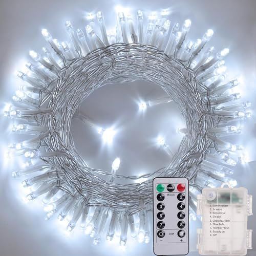 Litark Luces Navidad,10M 100LED Luces Navidad Exterior Pilas,Impermeable 8 Modos,ontrol remoto con temporizador,Luces Arbol Navidad Pilas Interior para Habitacion, Fiestas, Boda (Bianco Freddo)