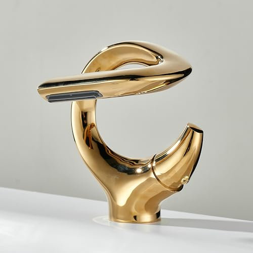 MocArt 7012 Wasserfall Wasserhahn, S-förmiger Kreativer Badarmaturen, Waschtischmischer-Wasserhähne, Keramikventilkern, Wassersparendes Design (Helles Gold)