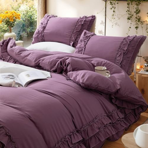 Bedorm Queen-Bettwäsche-Set, violett, Rüschen, Plissee, gerüscht, Shabby-Chic, Trösterbezug, extra weich und pflegeleicht, Bauernhaus, Boho-Bettbezug mit Reißverschluss