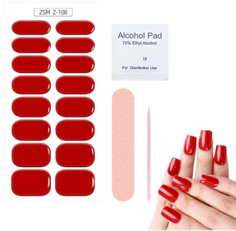 QOMJUFA 16 Pcs Strisce per smalto gel per unghie, Rosso Adesivi per smalto per unghie Full Wraps Lampada UV/LED Adesivi per unghie in gel curati con Lima per unghie e Stick