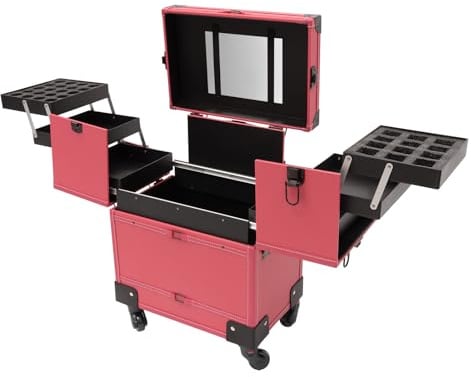 Schminkkoffer mit Rollen, professioneller Kosmetikkoffer mit Rollen, professioneller Koffer für Make-up-Artists und Kosmetikerinnen, Rosa, Fashion