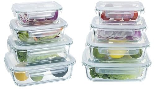 Navaris Set de 8 fiambreras de cristal con tapa - 8x Recipientes variados herméticos antifugas para horno microondas congelador y lavavajillas - 370ml 640ml 1040ml y 1520 ml