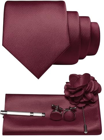 JEMYGINS Herren Krawatte aus Twill mit einfarbigem Design inklusive Pocket Square Manschettenknöpfen Krawattenklemme und Blütenbrosche Geschenkset für Partys Business Hochzeiten kastanienbraun
