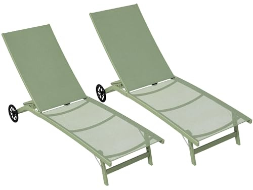 Outsunny Lote de 2 tumbonas reclinables de Aluminio y textilene con Ruedas Respaldo multiposición Carga máx. 150 Kg Verde Oscuro