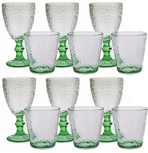 Set 12 Bicchieri 6 acqua 6 vino calici con piede in Vetro trasparente verde da tavola Eleganti Stile Raffinatezza in casa per Ogni Tavola e Occasione bar hotel ristorante