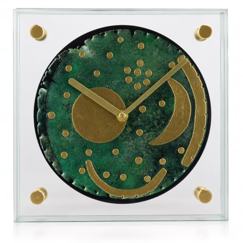 Eurotime Horloge de table à quartz sous licence Disque céleste de Nebra, boîtier en verre véritable et couvercle en verre véritable, cadran avec revêtement en or véritable, aiguilles et secondes