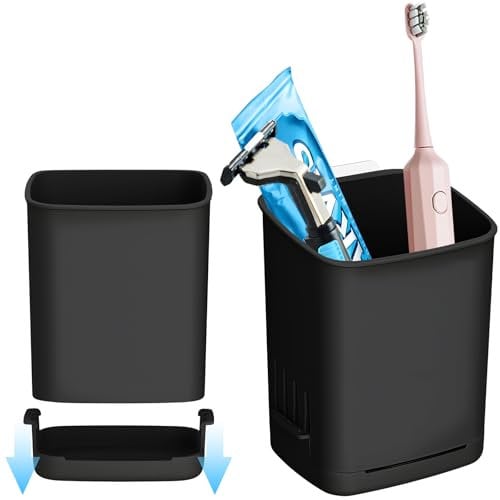 2 Packs Wall Mounted Toothbrush Holder, Black Toothbrush Holders with Drain Tray for Bathroom, Tooth Brush Holder for Electric Toothbrush Toothpaste Razor, Tableware Holder for Kitchen