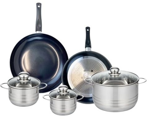 ELO 9739450 Kochgeschirr-Set, 5-teilig, 2 Bratpfannen 28 und 32 cm, 3 Kochtöpfe 14, 16 und 24 cm, Elo Prima glänzend, Edelstahl, Induktion