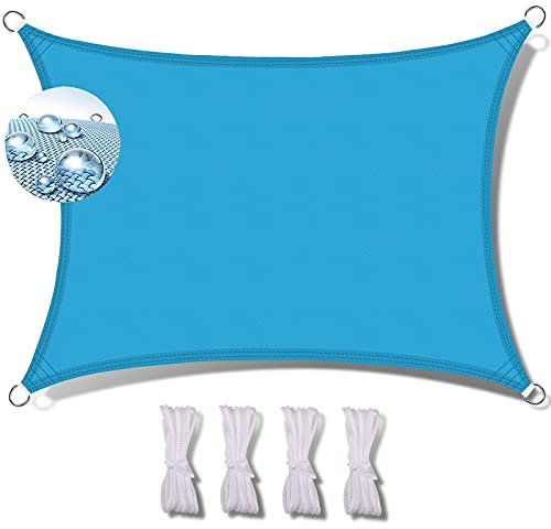 Voile d'ombrage rectangulaire imperméable 5 x 6 m résistant aux UV pour extérieur avec design enroulable pour piscine, corde de fixation incluse, bleu, parfait pour le jardin et la terrasse