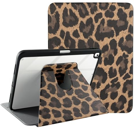 Fycyko Étui Rotatif pour iPad 9e/8e/7e génération 2021/2020/2019,Coque pour iPad 10,2' avec Support Pivotant à 360 Degrés & Porte-Stylo, Motif Léopard Mignon,Marron