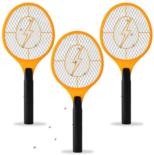 JAZB Electric Fly Swatter, Pack of 3 Bug Zapper, Fly Zapper, Handheld Powerful 3000V Zapper Racket for Indoor, Mosquito & Flies - AA Battery Powered (Not Included) Racket Catcher with 3-Layer Mesh