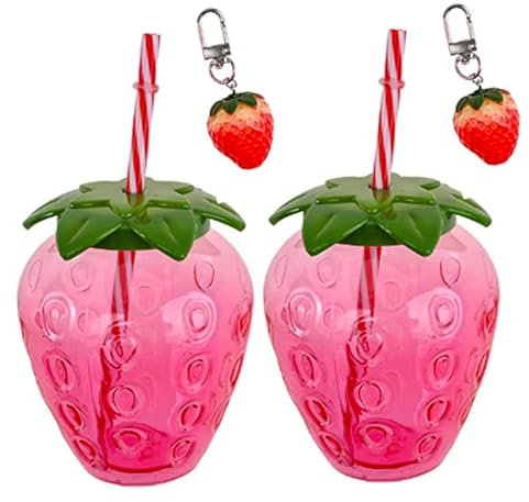 Obelunrp 2Pcs Strawberry Cup 500ml Cute Cartoon Clear Strawberry Tumbler with Straw, Lid and Pendant Hawaiian Decorations Portable Water Bottle Gift for Home Office School, Cup, Mug