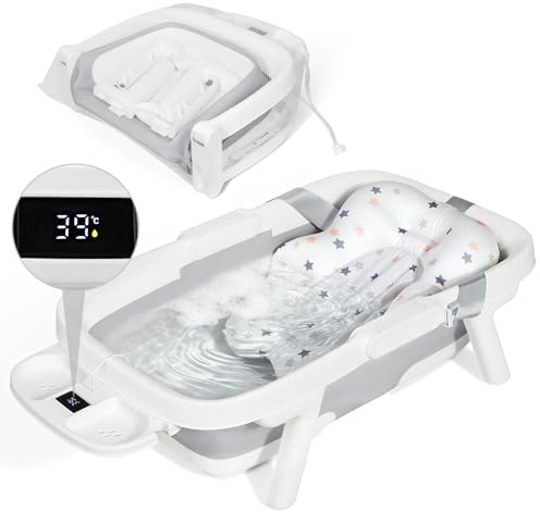 Orzbow Baby Badewanne für Kinder 0-6 Jahre, Groß XXl, Grau | Faltbare Babybadewanne mit Thermometer & Weicher Polsterung, 3-in-1 Schale, Langlebig, Abflussloch, Ideal für Reisen