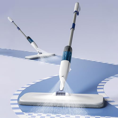 Mopp mit Sprühfunktion, flach, für Holzböden mit 5 wiederverwendbaren Mikrofaserpads und Schaber, 360 Grad drehbar, Mopp für Fliesen und Parkett