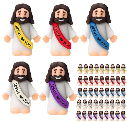 Qnvyw 50 Stück Jesus Figur, Mini Jesus Kuscheltier in 5 Farben, Jesus Plüschtier für Taufe, Ostereierfüller, Sonntagsschule, Religiöse Dekoration