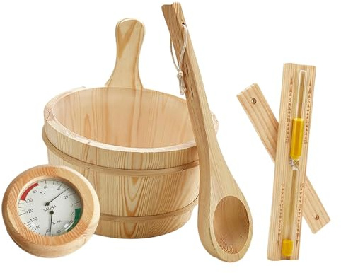 MotiveTech 4 Teiliges Sauna Zubehörset: Thermometer, Ausrüstung, Schöpfkelle, Tragbar, Langlebig. Hochwertiger Saunaeimer Aus Holz (4 L).