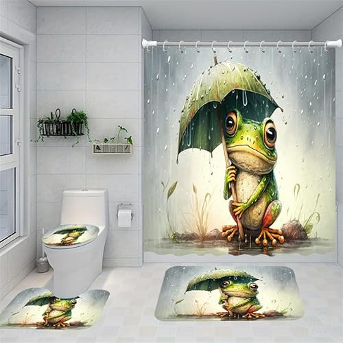 Badgarnitur 4 Teilig Badezimmerteppich Waschbar Badematte rutschfest,Wc Vorleger Mit Ausschnitt Badematte Und Duschvorhang,Badvorleger Toilette Teppich 45X75Cm Regenschirm Frosch