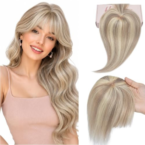Rich Choices Pony Haarteile Echthaar für Damen Remy Human Hair Topper Echthaar 360°3D‑Abdeckung Haartopper Natürlicher Haarwirbel Oberkopf Haarteile mit Pony 25cm # Aschbraun mit Platinblond