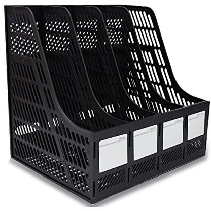 SAYEEC Sturdy Desktop 4 Sections Plastic Magazine Holders Frames File Dividers Document Cabinet Rack Display and Storage Organiser Box Black