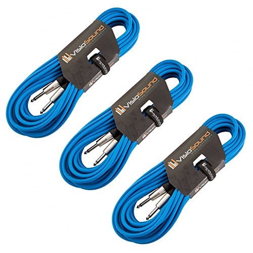 VisioSound 3 x Guitar Lead 6.35mm Mono Jack to Jack/Instrument Cable / 3 Colours / 3 Pack 10m Blue