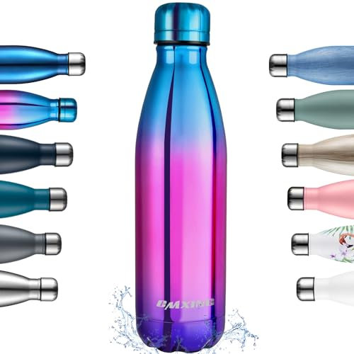 CMXING Doppelwandige Thermosflasche 500 mL mit Tasche BPA-Frei Edelstahl Trinkflasche Vakuum Isolierflasche Sportflasche für Outdoor-Sport Camping Mountainbike (Blau+Lila, 500 mL)