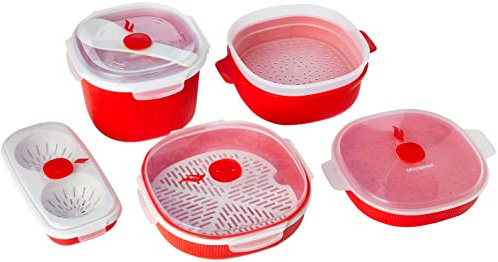 Snips Linea Tempo Zero | Set 5 Pz Contenitori per Microonde per Cuocere | Vaporiera Microonde (2lt + 4lt) | Cuoci riso & Cereali | Cuoci Uova & Omelette | Tazza Mug | Rosso| Made in Italy | Bpa Free