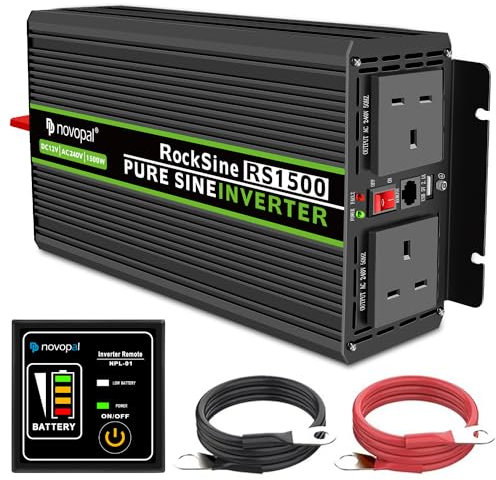NOVOPAL 1500W Power Inverter Pure Sine Wave 12V DC to 240V AC Converter with 2 UK Outlets and 1 USB,16.4FT Remote Control,2 Cooling Fans for RV,Boat,Camping,Home