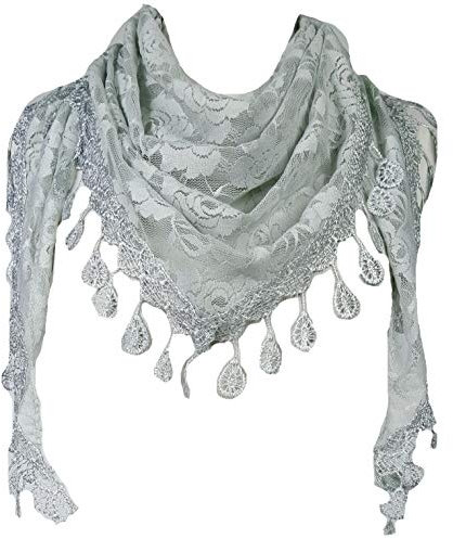 GFM® Dreieckstuch Rosenmuster mit Spitze und Quasten (TRI-500-HLCH-Silber Grau)