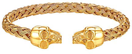 JewelryWe Schmuck Herren Armband, Gegenüber Totenkopf Schädel Draht geflochten Offen Armreif Armspange, Edelstahl, Gold