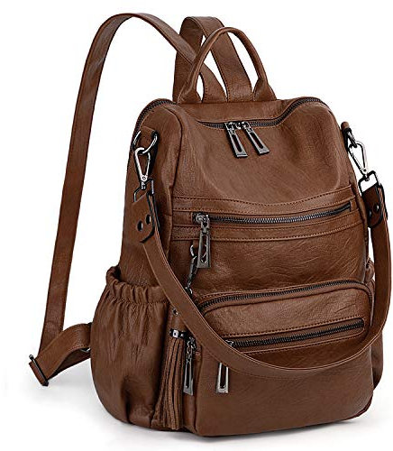 UTO Damen Rucksack Leder Schule Handtasche Schulrucksack Rucksackhandtaschen Multifunktionsrucksack mit Quasten Schultertaschen Große Kapazität vielen Kompartiment Reißverschluss Umhängetasche Braun