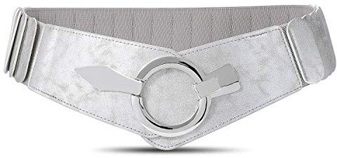 JasGood Damen Breiter Elastischer Taillengürtel, Mode Vintage Hüftgürtel mit Silberner Ring-Schließe, Silber, M