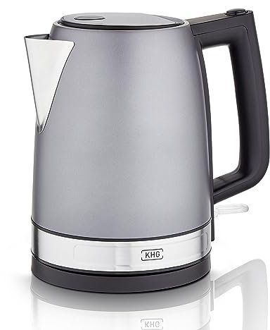 KHG Wasserkocher WK-1701 GE in grau Edelstahl, 1,7 Liter, Kalkfilter, Wasserstandsanzeige, Öffnen per Knopfdruck, Trockengehschutz & Abschaltautomatik, verdecktes Heizelement, BPA-frei, 2200 Watt