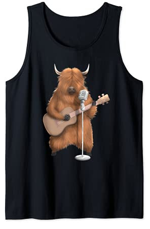 Highland Cattle Cow Singing Guitar Player Musician Guitarist Tank Top