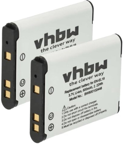 vhbw 2X Batteries Remplacement pour Nikon EN-EL19 pour Appareil Photo, Reflex numérique (600mAh, 3,7V, Li-ION)