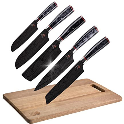 MasterPro Tetsu | Cuchillos de Cocina | Set de 5 Cuchillos Japoneses y Tabla de Cortar | Cocina Profesional | Reforzado, Equilibrado y con Revestimiento de Titanio