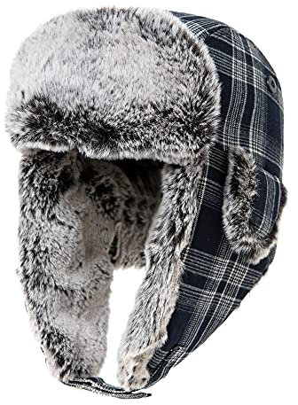 Comhats warme Fliegermütze für Herren Unisex Wintermütze mit Ohrenklappen weiche Trappermütze mit Kunstfell Winddicht Schwarzblau-Weiß L