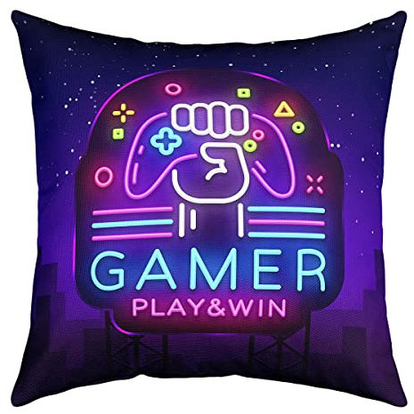 Homewish Gamer Throw Pillow Cover 40x40cm, Lila Gaming Kissenbezug für Kinder Jungen Mädchen Spiel, Klassische Videospiele Gamepad Dekorative Akzent für Wohnzimmer