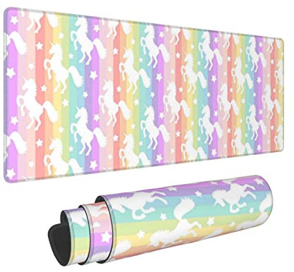 Tapis de souris XL, revers en caoutchouc antidérapant avec bords cousus pour ordinateur de bureau, grand tapis de souris de jeu, 80 x 30 cm, motif de licorne et arc-en-ciel rose, bleu, jaune, doré
