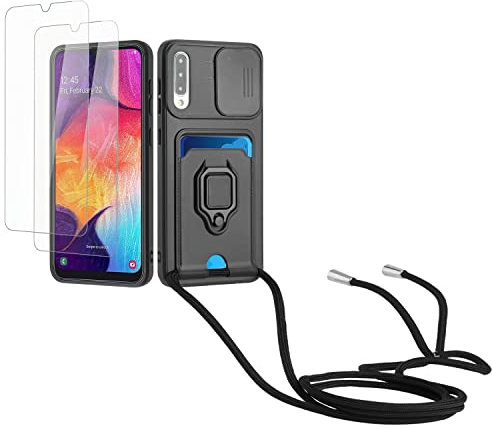 Kaslly Case für Samsung Galaxy A30S/A50S/A50 Handykette Hülle+[2 Schutzfolie Glas],Slide kameraschutz,Silikon Handyhülle zum Umhängen Kette,Kartenfach-Schwarz