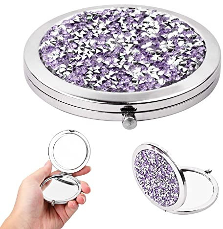 Miroir Maquillage Poche, Miroir de Poche avec Grossissement x1 / x2, Rond Miroir Pliable & Portable, 7 cm Miroir de Poche Idéal pour Femmes Filles Voyage Travail École Maison, Diamant en or Rose